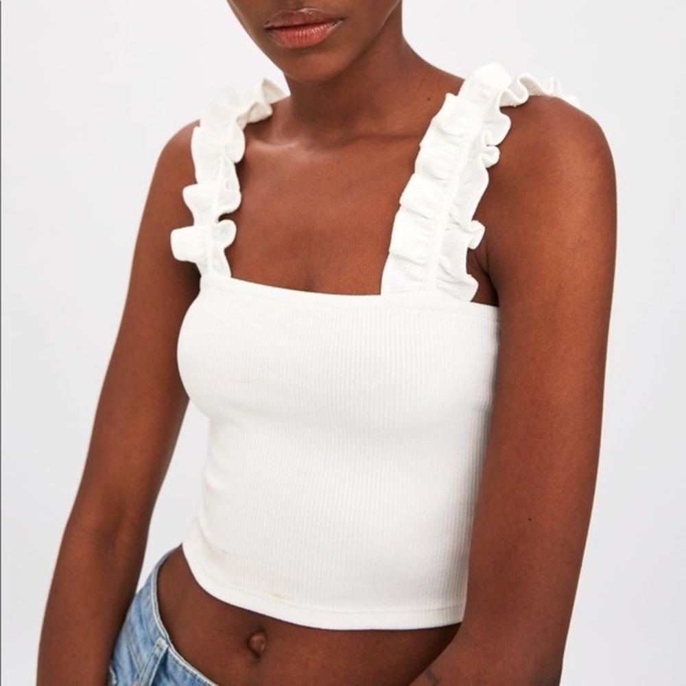 Zara White Ribbed Ruffle Crop Tank Top